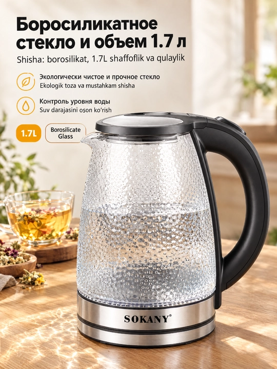 SOKANY SK-09087 elektr choynak, 1,7 l, 1500 Vt, borosilikat shisha korpus
