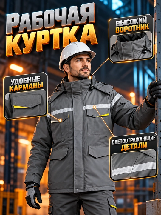 Мужская рабочая куртка со светоотражающими элементами, карманами и высоким воротником - 
