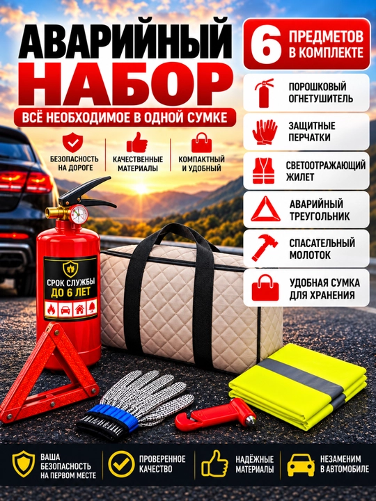 Аварийный набор для автомобиля, огнетушитель, жилет, аварийный знак,молоточек