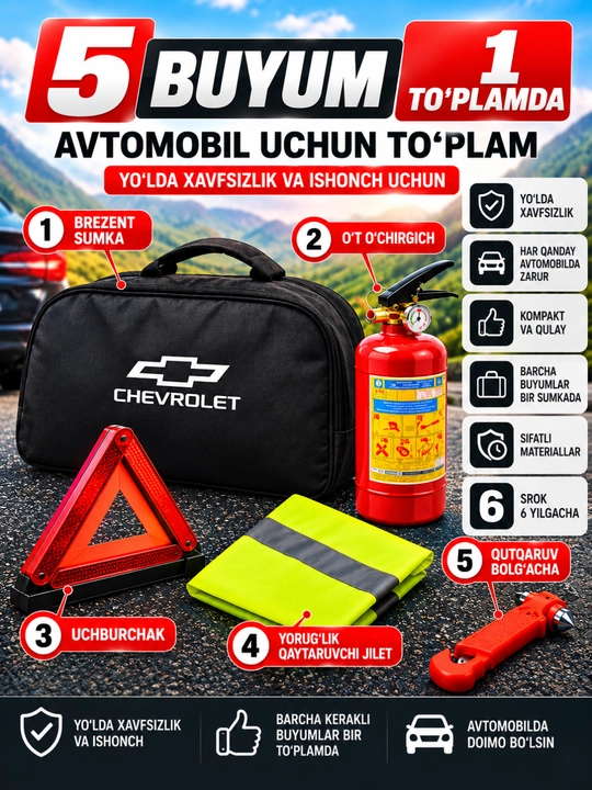 Avtomobil uchun avariya to'plami, dori qutisi, yong'in o'chirgich, jilet,avariya belgisi - 