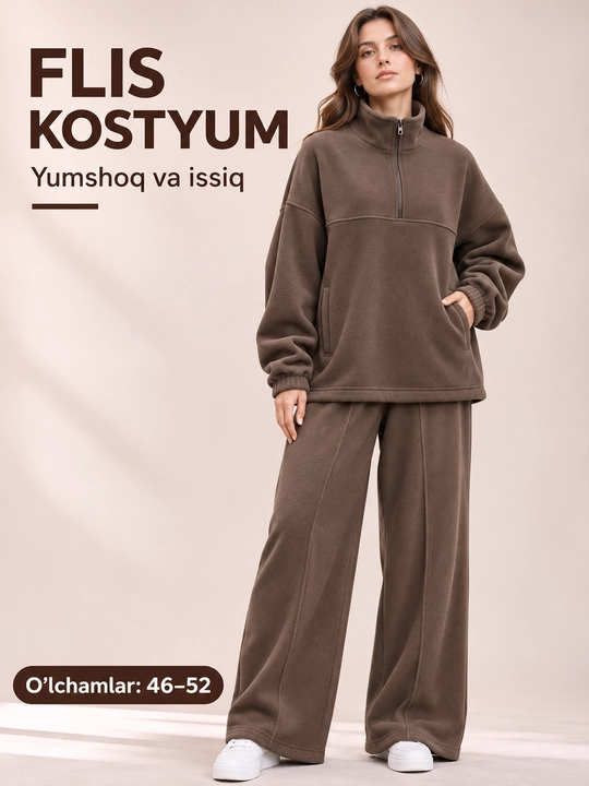 Ayollar flis kostyumi, jigarrang kostyum, sport to‘plami, issiq kostyum - 