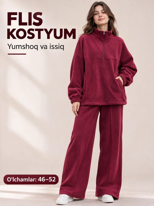 Ayollar flis kostyumi, jigarrang kostyum, sport to‘plami, issiq kostyum - 