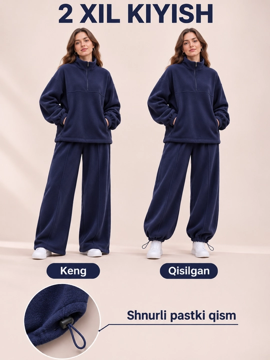 Ayollar flis kostyumi, jigarrang kostyum, sport to‘plami, issiq kostyum