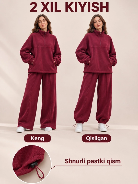Ayollar flis kostyumi, jigarrang kostyum, sport to‘plami, issiq kostyum