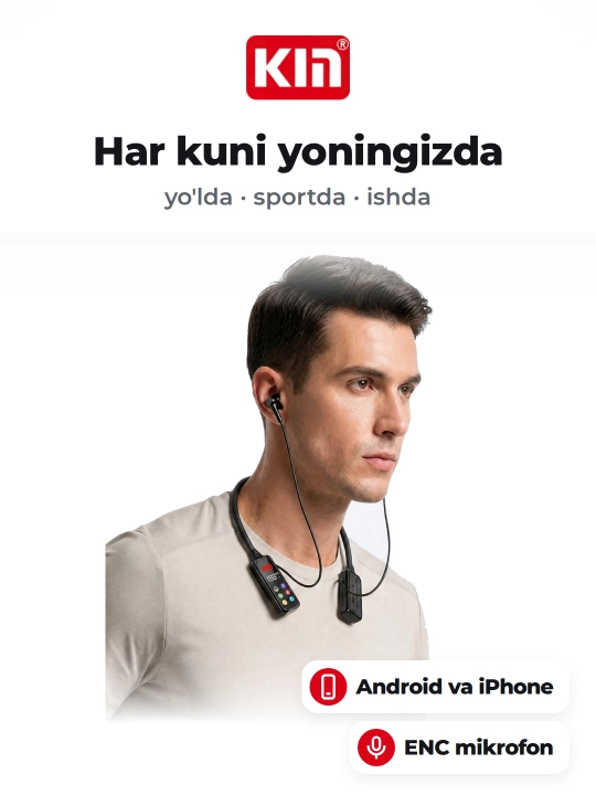 Bo'yinli simsiz quloqchin KIN KL101 ENC mikrofon TF karta 1100 mAh batareya