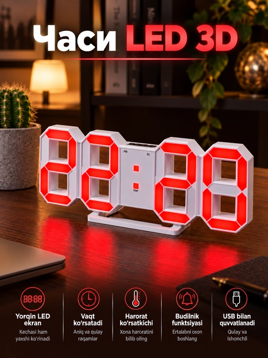 Elektron raqamli soat, budilnik, LED, 3D soat, harorat va sana ko‘rsatkichli - 