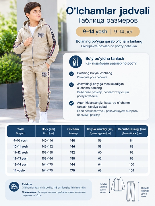 O'g'il bolalar uchun sport kiyimi, 8-14 yoshli o'g'il bolalar va o'smirlar uchun