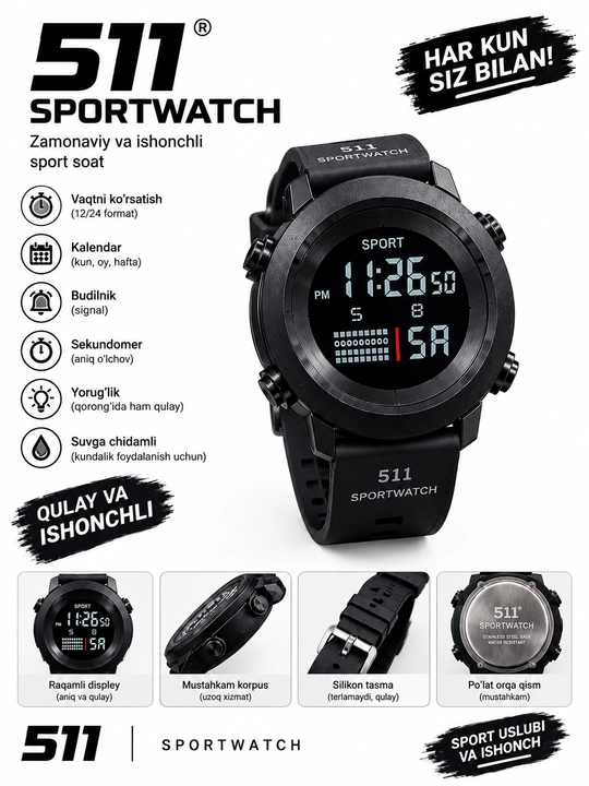 511 Sportwatch elektron sport soati - erkaklar uchun, qora