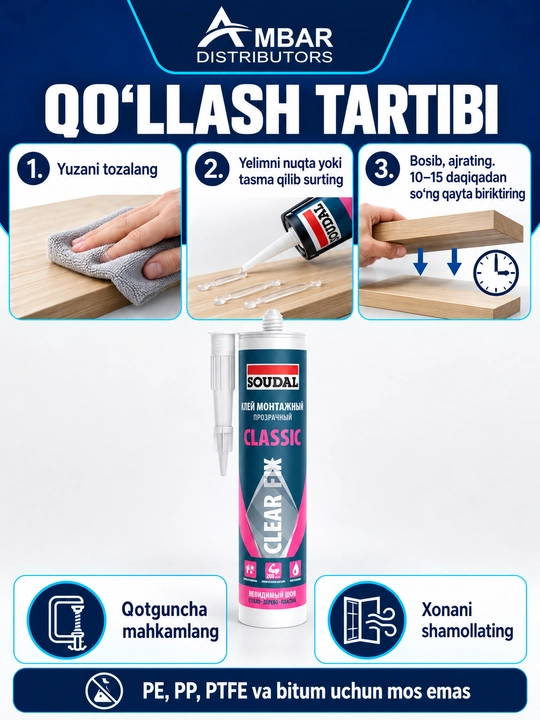 SOUDAL Clear Fix Classic shaffof montaj yelimi, suvga chidamli, 280 ml