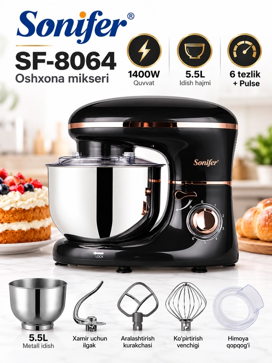 Chashkali mikser, 5,5 litrli, SONIFER SF-8064, 6-tezlik, 1400 Vt - 