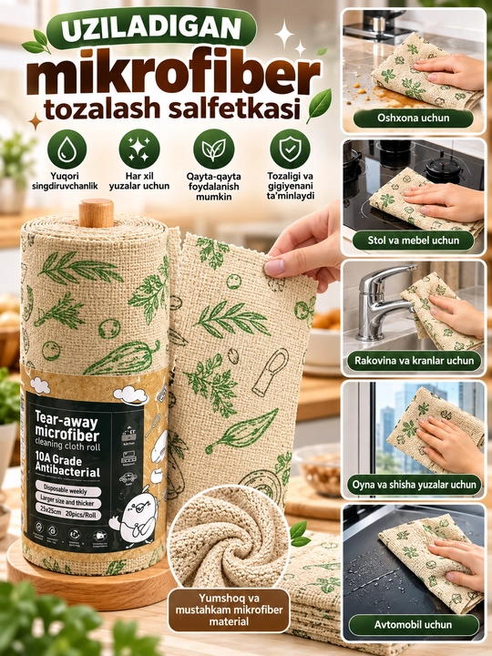 Отрывные салфетки из микрофибры в рулоне, 20 штук, 25×25 см, многоразовые, для уборки - 