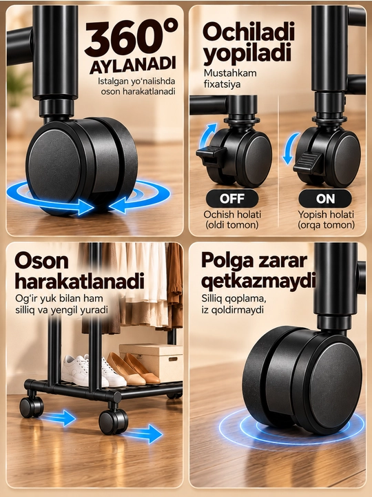 Polga qo‘yiladigan kiyim ilgich, g‘ildirakli temir veshilka va pastki javon