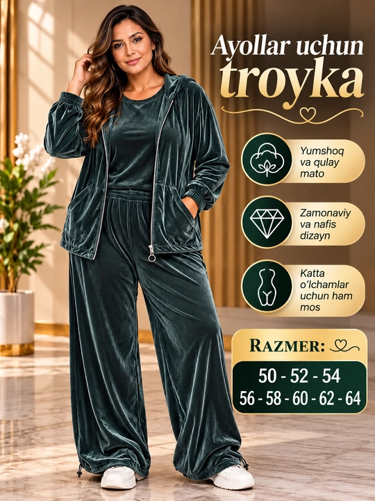 Ayollar velur troykasi, sport kostyumi, katta o‘lchamlar 50-62, kapyushonli kiyim - 