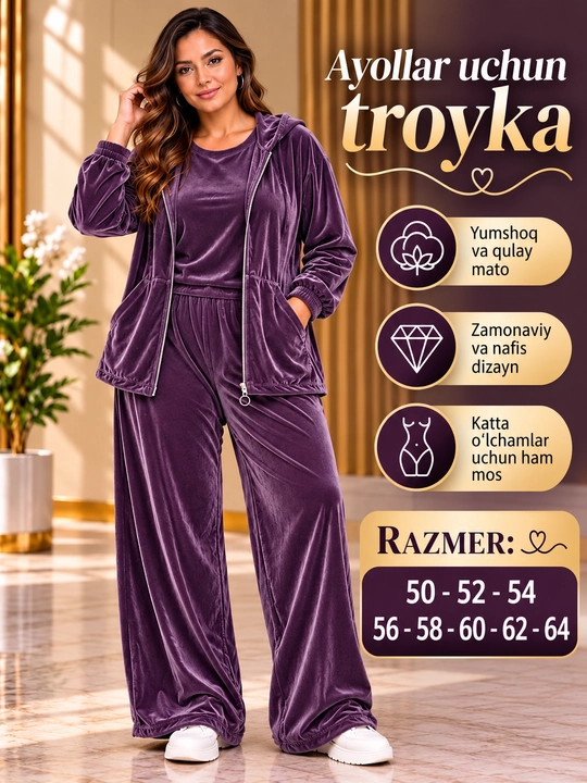 Ayollar velur troykasi, sport kostyumi, katta o‘lchamlar 50-62, kapyushonli kiyim - 