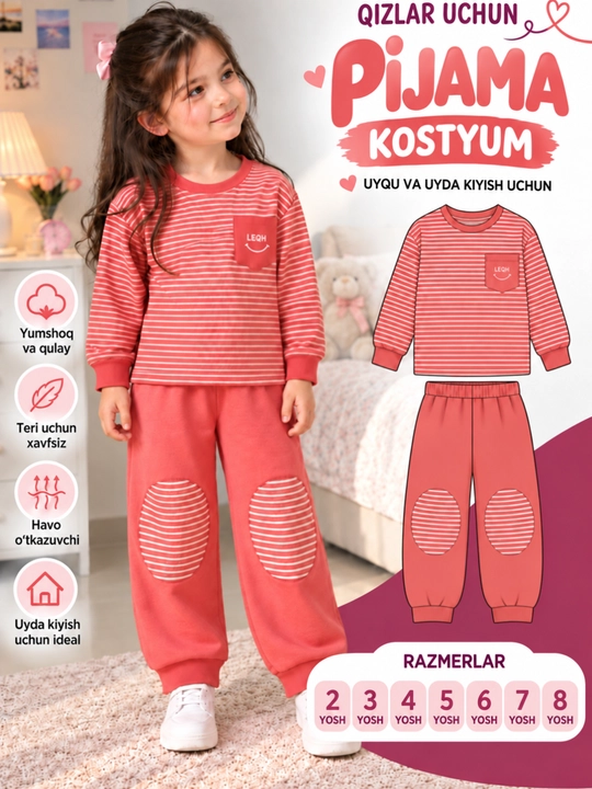 Qiz bolalar uchun yozgi pijama, yumshoq mato Bolalar  uchun Playowo pijamasi, shim - 
