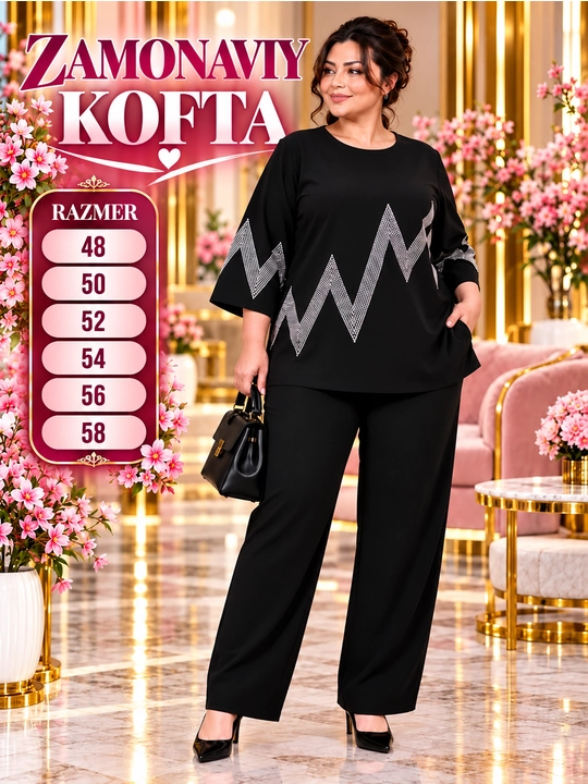 Ayollar koftasi, qora kostyum, zamonaviy kiyim, bezakli kofta, katta razmer, 48–58 razmer - 