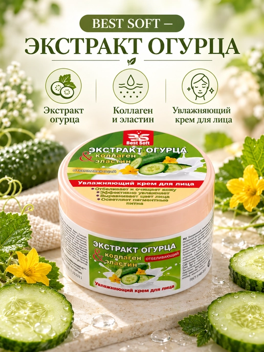 3S Best Soft увлажняющий крем для лица с экстрактом огурца, 200 мл