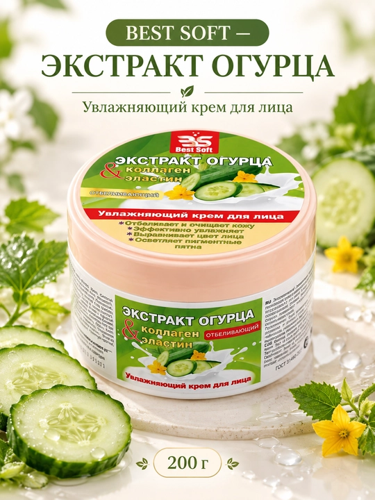 3S Best Soft увлажняющий крем для лица с экстрактом огурца, 200 мл