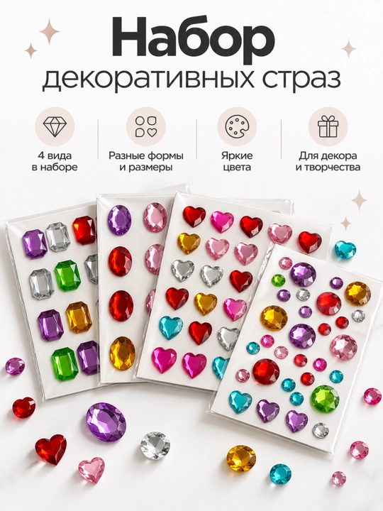 Блестящие стразы наклейки стикери Сердечки, овальные, прямоугольные и круглые