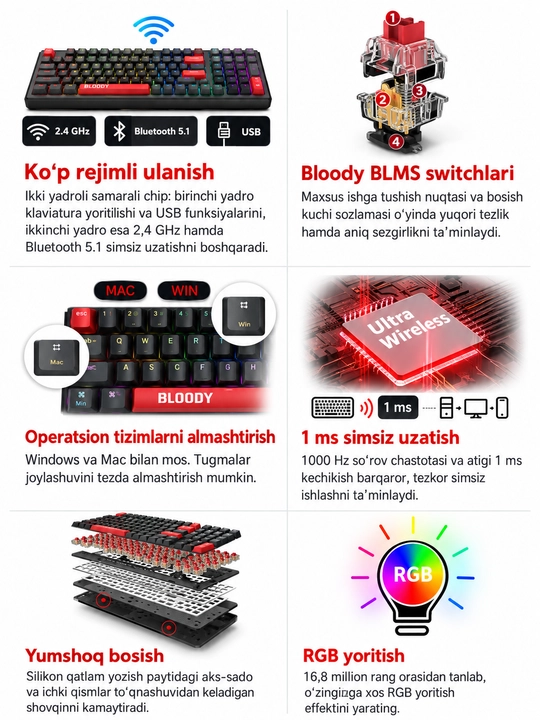 Bloody WS98 — беспроводная механическая игровая клавиатура, Bluetooth 5.1, 2.4 ГГц, RGB