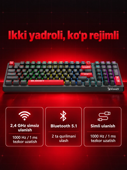 Bloody WS98 — беспроводная механическая игровая клавиатура, Bluetooth 5.1, 2.4 ГГц, RGB