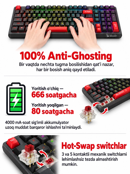 Bloody WS98 — беспроводная механическая игровая клавиатура, Bluetooth 5.1, 2.4 ГГц, RGB