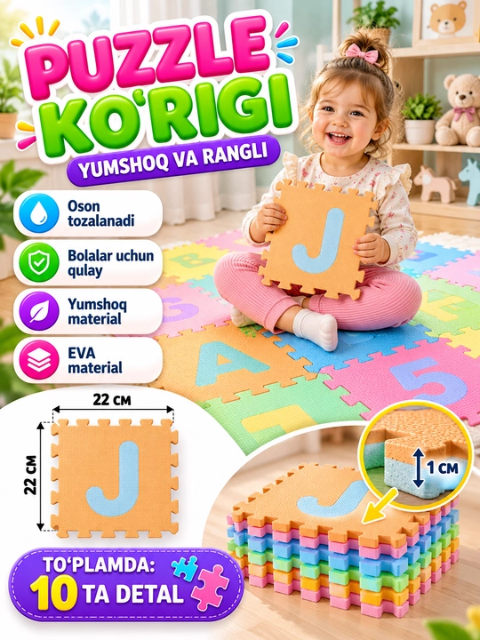 Bolalar pazl gilami, 10 qismli, 30×30 sm o‘lchamdagi, yumshoq pol gilami