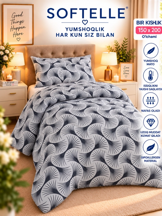 Yumshoq qishki ko‘rpa Plant-Satin, momiq, qalin, 150x220 sm, 200x220 sm, 1,8kg va 3kg