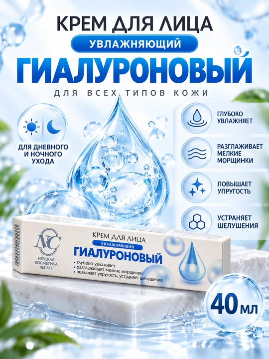 Крем для лица Невская Косметика Гиалуроновый, увлажняющий, от морщин, 40 мл