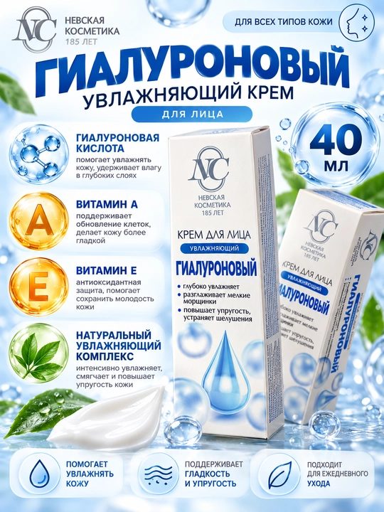 Крем для лица Невская Косметика Гиалуроновый, увлажняющий, от морщин, 40 мл