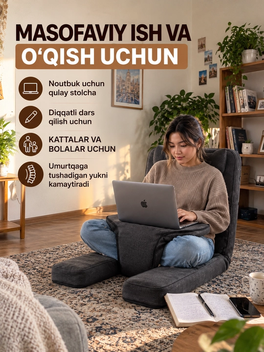 Yig‘iladigan zamin kreslosi, sozlanadigan suyanchiq, yumshoq, dam olish uchun