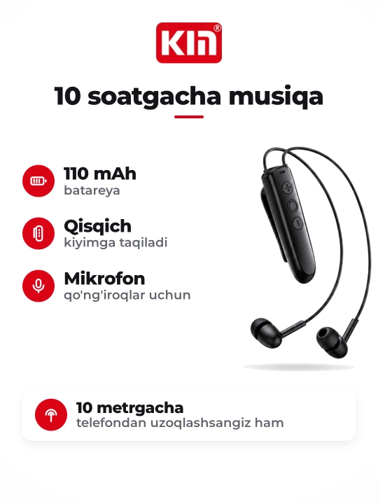KIN KL123 — беспроводные наушники с клипсой на одежду, Bluetooth, до 10 часов