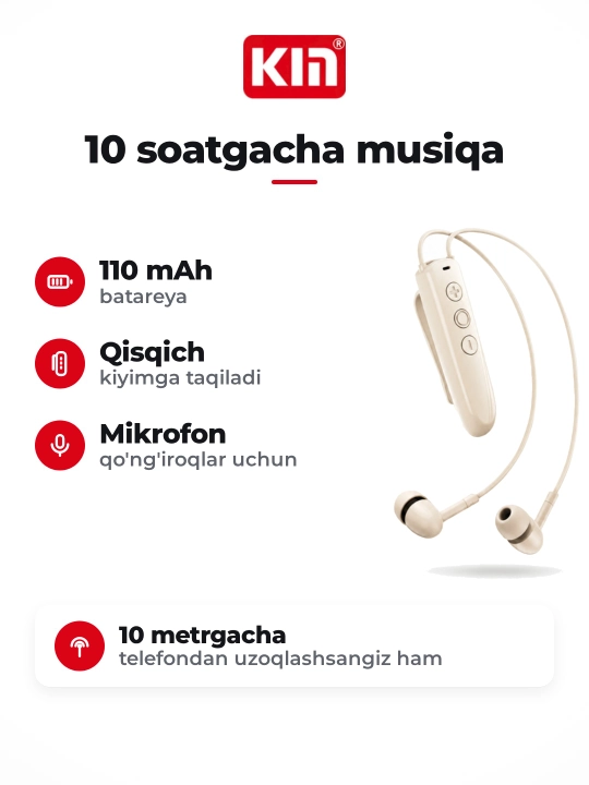 KIN KL123 — беспроводные наушники с клипсой на одежду, Bluetooth, до 10 часов