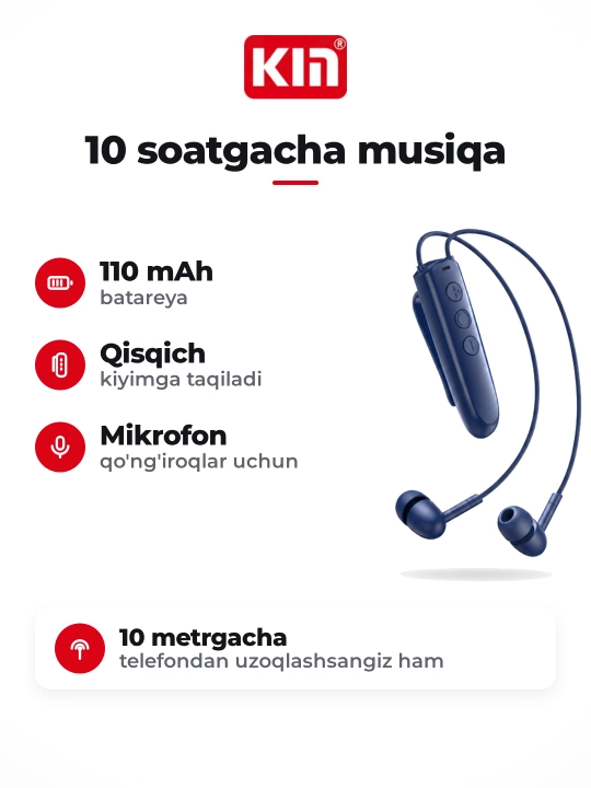 KIN KL123 — беспроводные наушники с клипсой на одежду, Bluetooth, до 10 часов
