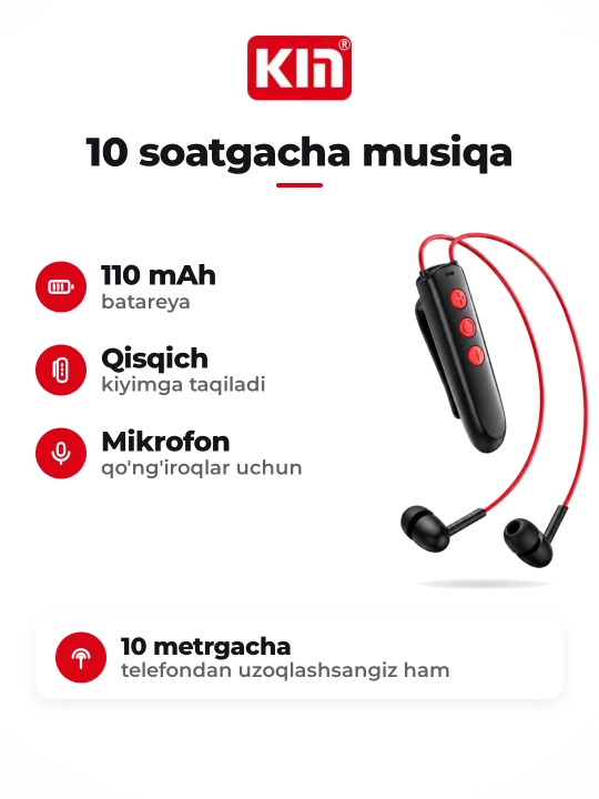 KIN KL123 — беспроводные наушники с клипсой на одежду, Bluetooth, до 10 часов