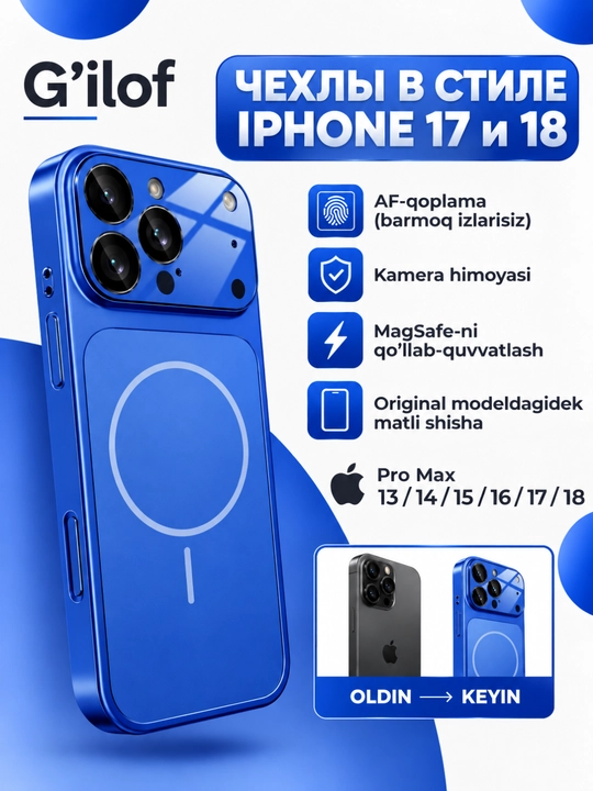 IPhone 18 uslubida chexol, magsafe bilan jihozlangan iPhone 13, 14, 15, 16 Pro Max uchun - 