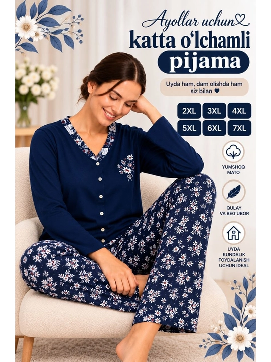 Ayollar pijamasi dvoyka 2XL–7XL, katta razmer uy kiyimi, pijamka, katta ulchamli pijama