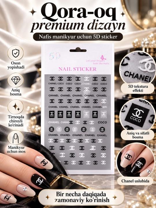 Tirnoq uchun manikyur 3D stikerlar LUI VUITTON, CHANEL, YSL, DIOR nakleykalar