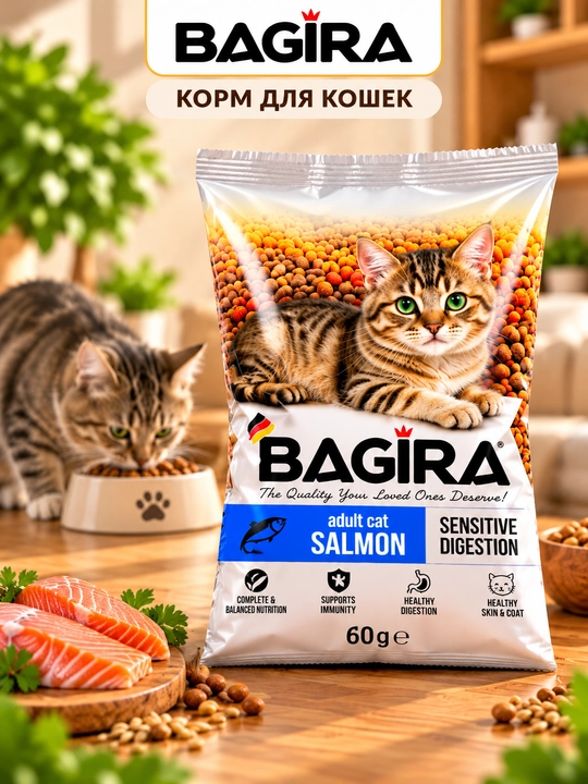 Mushuklar uchun quruq yem BAGIRA, tovuqli va baliqli, 60 g - 