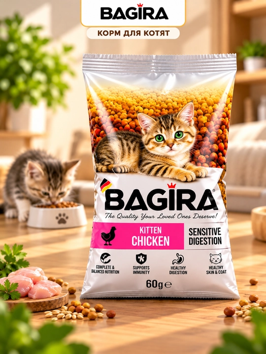 Mushuklar uchun quruq yem BAGIRA, tovuqli va baliqli, 60 g - 