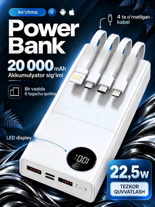 Повербанк 4 в 1 для айфона, 10000, 20000mAh, внешний аккумулятор, быстрая зарядка - 