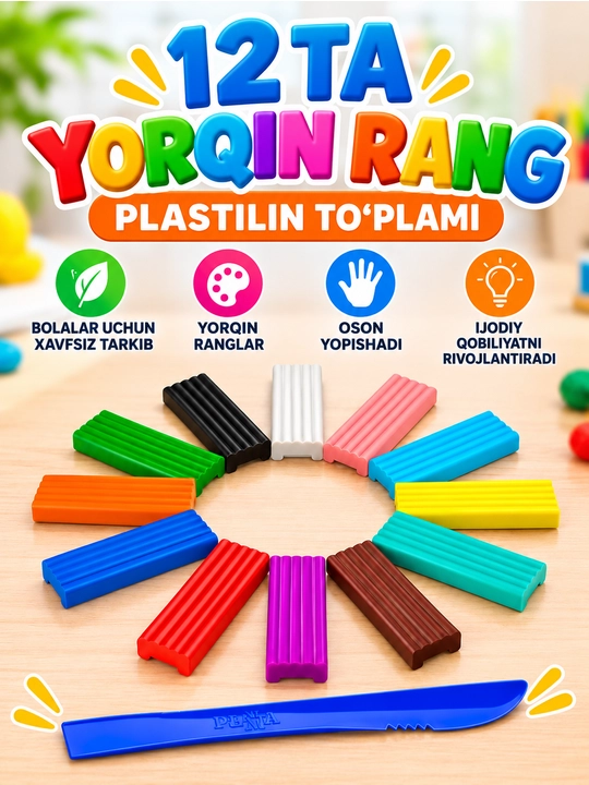 12 rang Multi-Pulti plastilin to‘plami steki bilan, bog'cha maktab zanyatilar uchun lepka