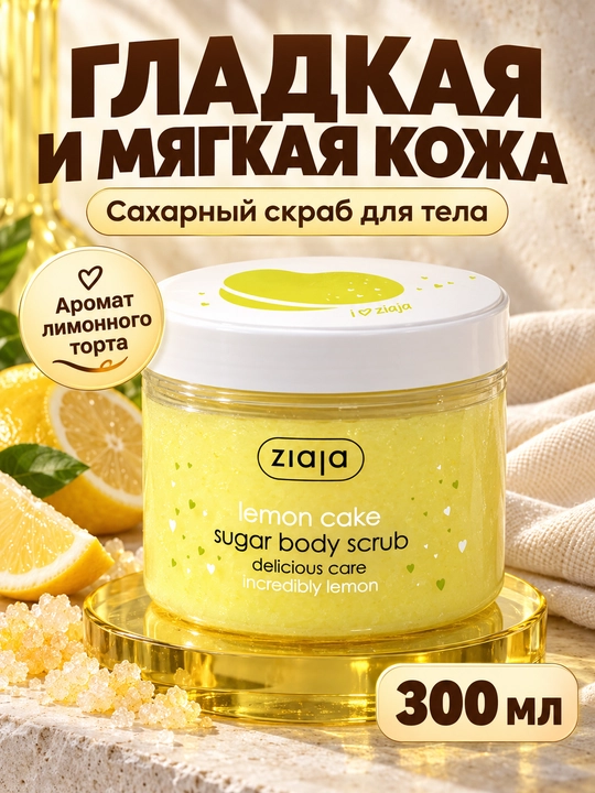 Ziaja Lemon Cake shakarli, shi yog‘i qo‘shilgan, limonli tort iforli tana skrabi, 300 ml
