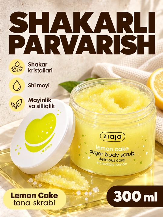 Ziaja Lemon Cake shakarli, shi yog‘i qo‘shilgan, limonli tort iforli tana skrabi, 300 ml