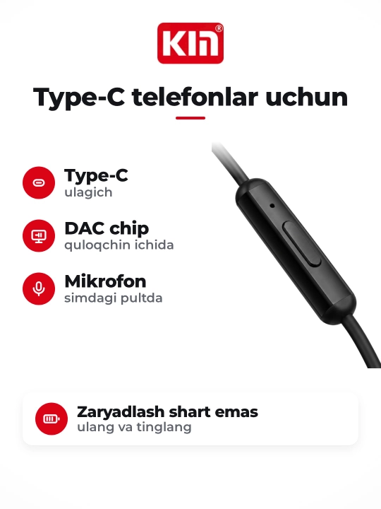Проводные наушники KIN K822C Type-C с DAC чип, микрофоном и кнопками управления