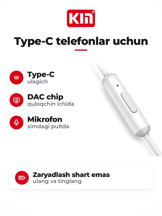 Проводные наушники KIN K822C Type-C с DAC чип, микрофоном и кнопками управления