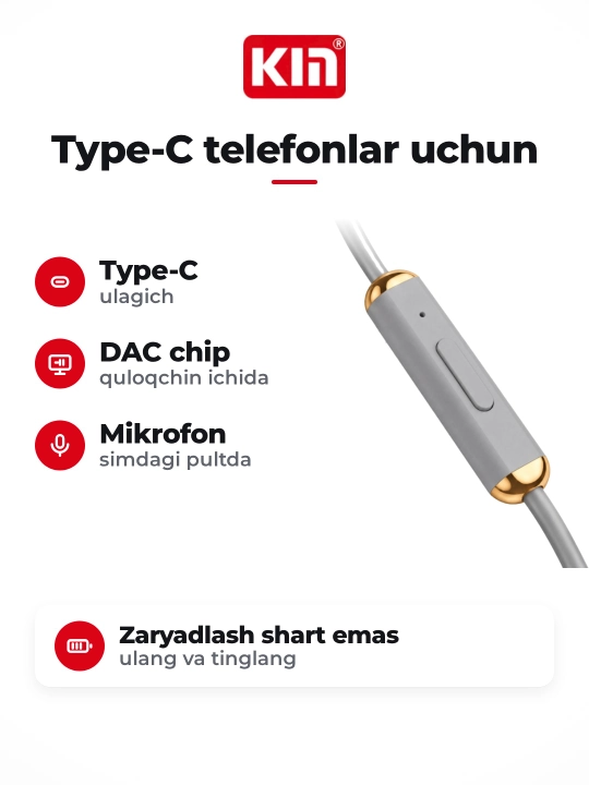 Проводные наушники KIN K822C Type-C с DAC чип, микрофоном и кнопками управления