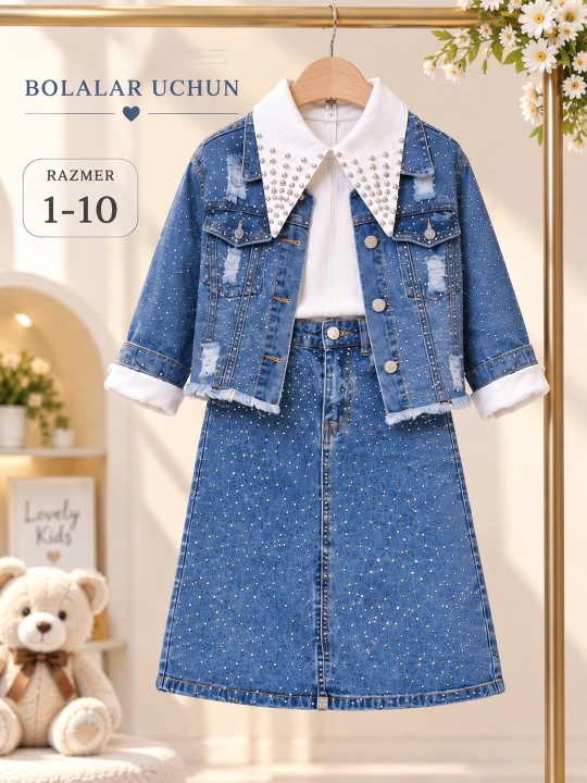 Qizlar uchun yubkali jinsi kostyum, bolalar jinsi kiyimi, 1-10 yosh