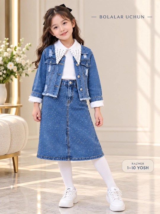 Qizlar uchun yubkali jinsi kostyum, bolalar jinsi kiyimi, 1-10 yosh