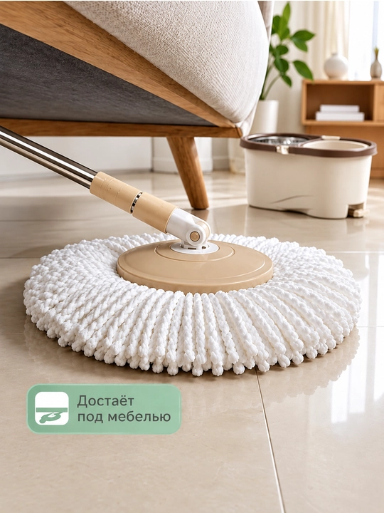 Aylanadigan shvabra to'plami 360°, chelak, mikrofiber, o'z-o'zidan siqiladigan, plastmassa